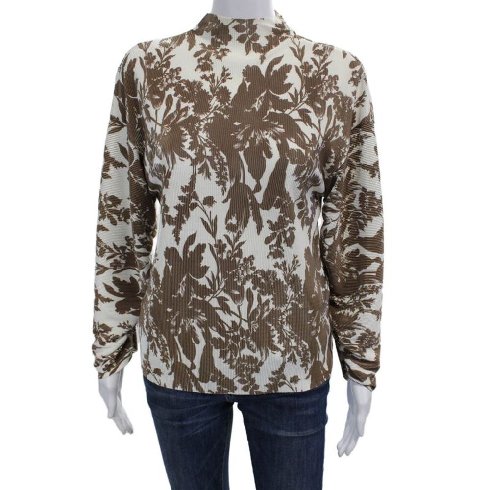 Goen. J Womens Pleated Floral Mock Neck Long Sleeve Blouse Top Brown Size 6